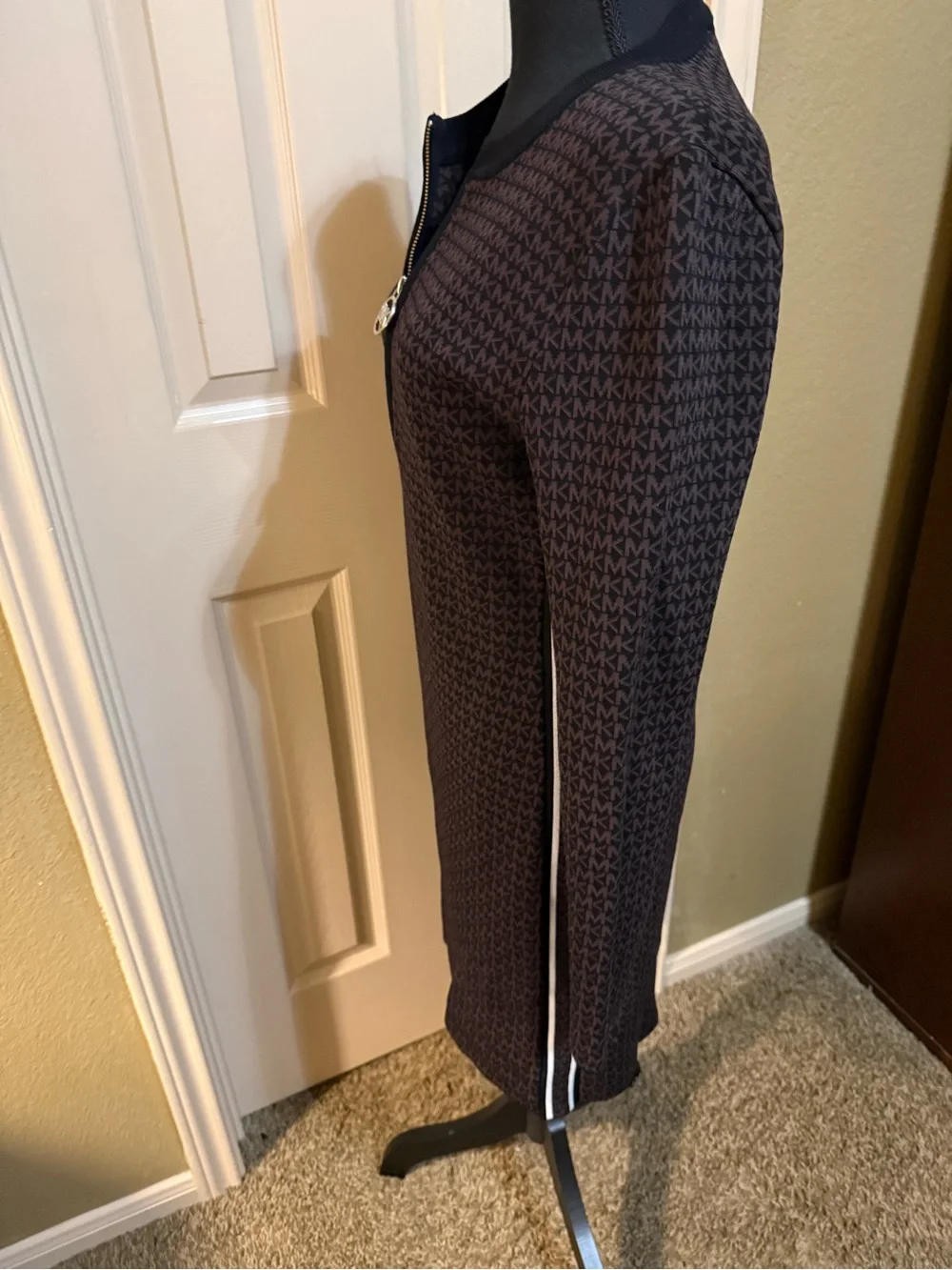 Michael Kors Brown and Black MK-Print Zip-Front Long-Sleeve Dress